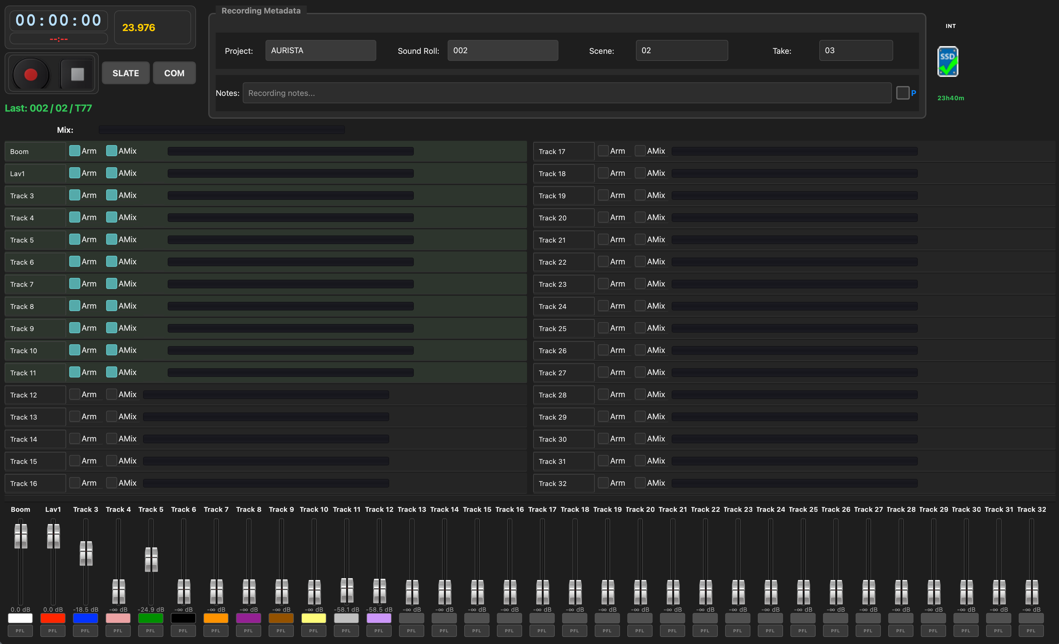 Aurista recording interface showing 32-track mixer, timecode, and production metadata